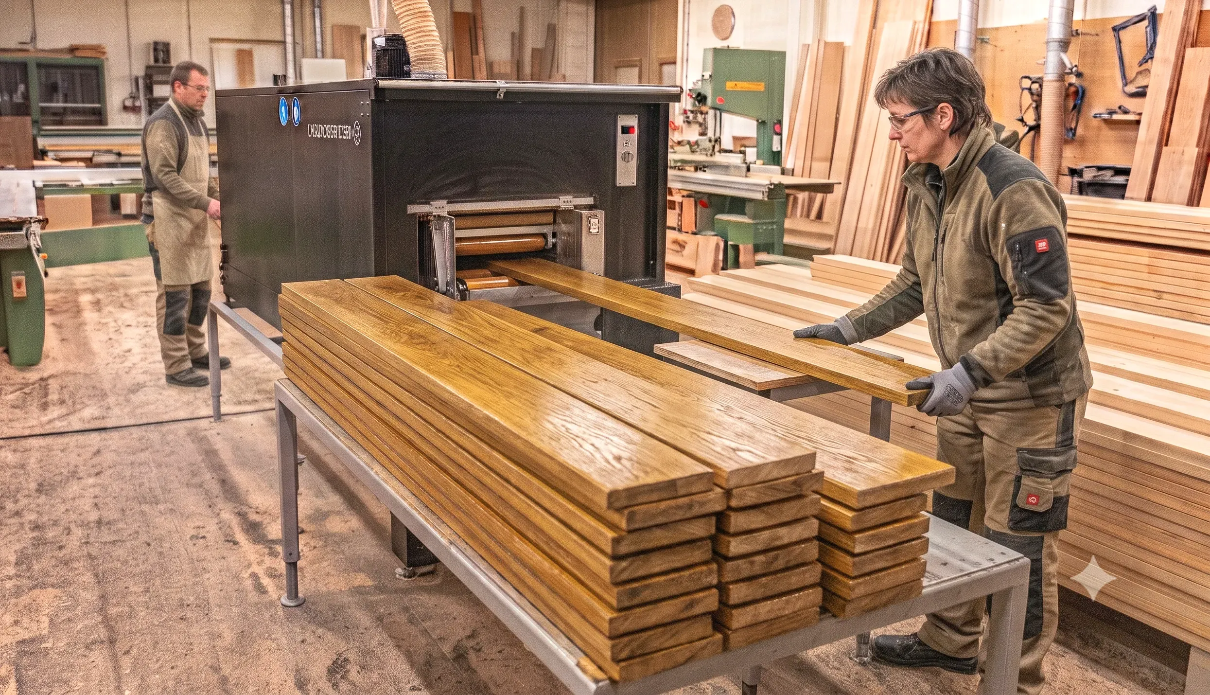 Industrial wood flow coating machine in action