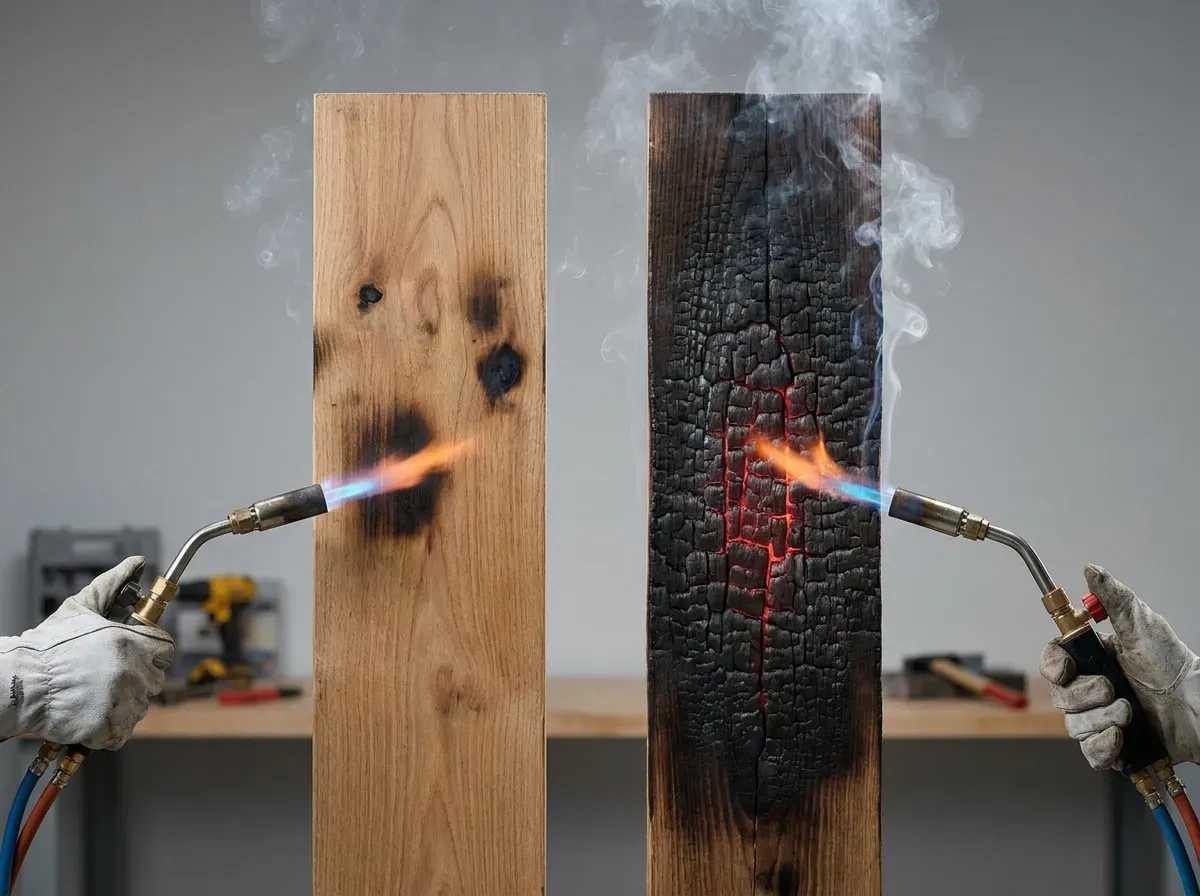Side-by-side comparison of two vertical wooden boards being scorched by blow lamps, one marginally charred and the other almost burnt through