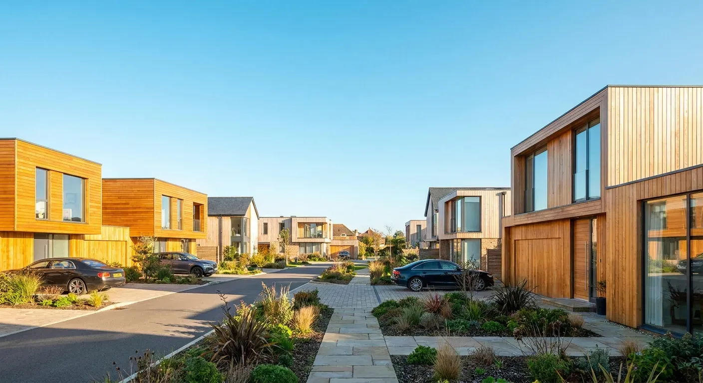 Modern architectural houses with multi-toned wooden cladding